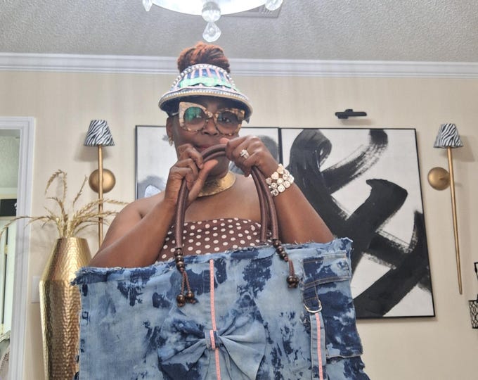 Clearance Item Denim Distressed Patchwork totebag, sun visor, rimless glasses with matching earrings, denim fringe hangbag, junkbag