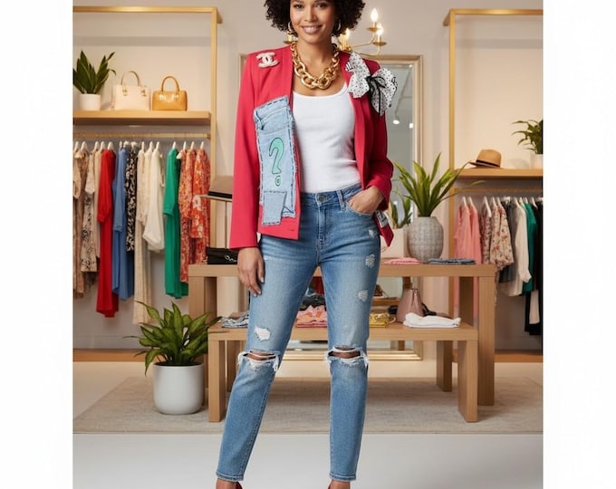 Upcycled Denim Patchwork Blazer - Sleeveless Vintage Statement Blazer