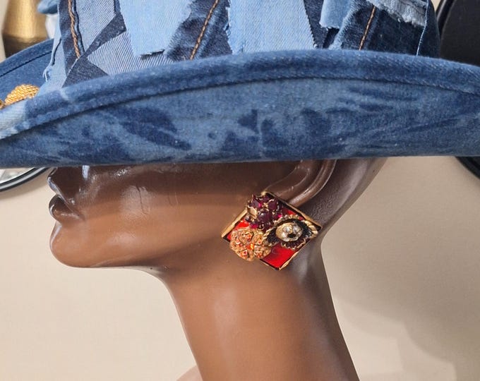 Red and jeweled upcycled vintage earrings, upcycled vintage earrings,  Statement Earrings