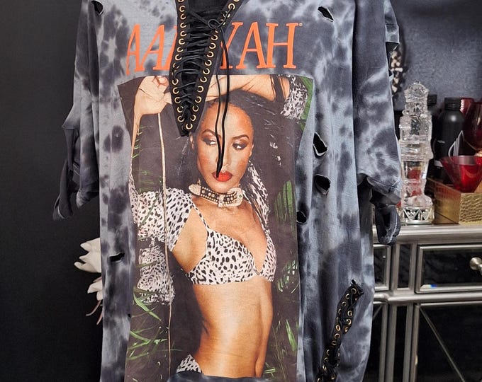 Upcycled "Aaliyah"Band Distressed Tee: Upcycled distressed tshirt