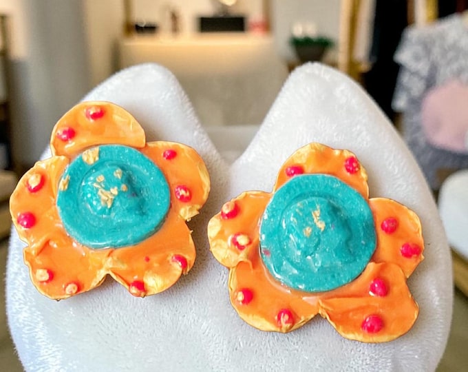 Handmade Floral and Vintage Inspired Coin Statement Earrings: Polymer Clay Earrings.