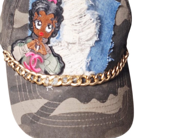 Camo Upcycled Betty Boop Trucker Hat: Patchwork baseball hat