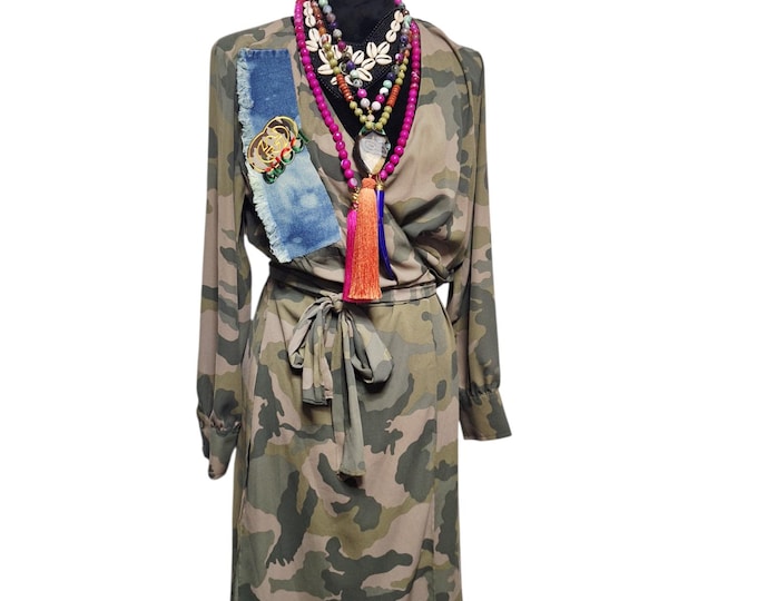Upcycled Camo Tunic wrap split dress: patchwork denim tunic