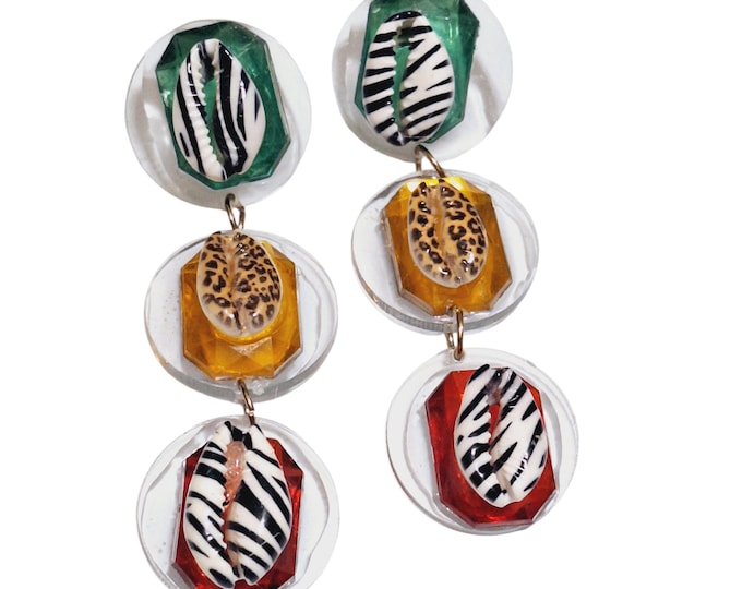 Cowrie Mixed Gemstone earrings. Dangle earrings,  animal print earrings, Statement Earrings.
