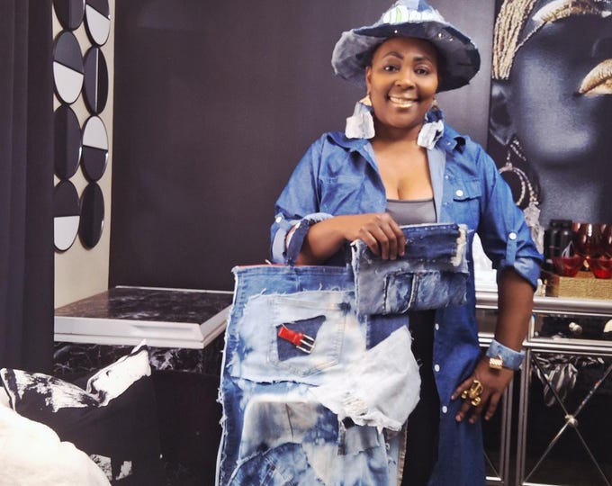 Upcycled Denim Patchwork Handbag and hat set: Bleached Jeans and Fringe Earrings