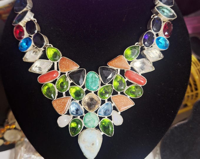 Gemstone Cluster Silver Toggle Clasp Necklace