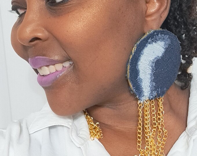 Denim  Tassel Earrings, Denim distressed earrings, ripped denim earrings, Denim Earrings, Blue Jean Earrings, Statement earrings