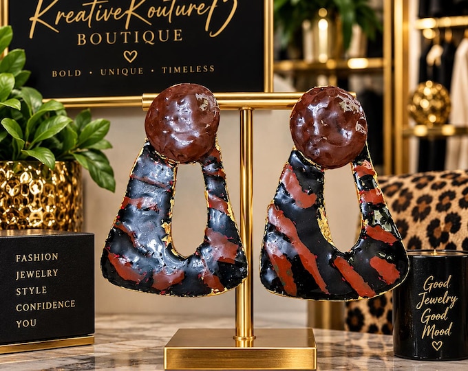 Handmade Animal Print Brown and Black Handpainted Statement Earrings: Geometric Earrings.