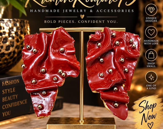Handmade Burgundy and gold Statement Earrings: Geometric Polymer Clay Earrings.