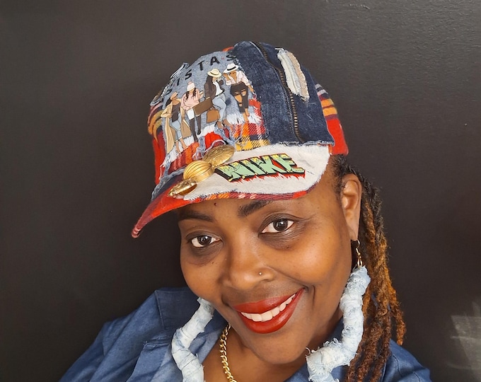 Custom distressed denim and plaid hat,  Denim hat, trucker hat
