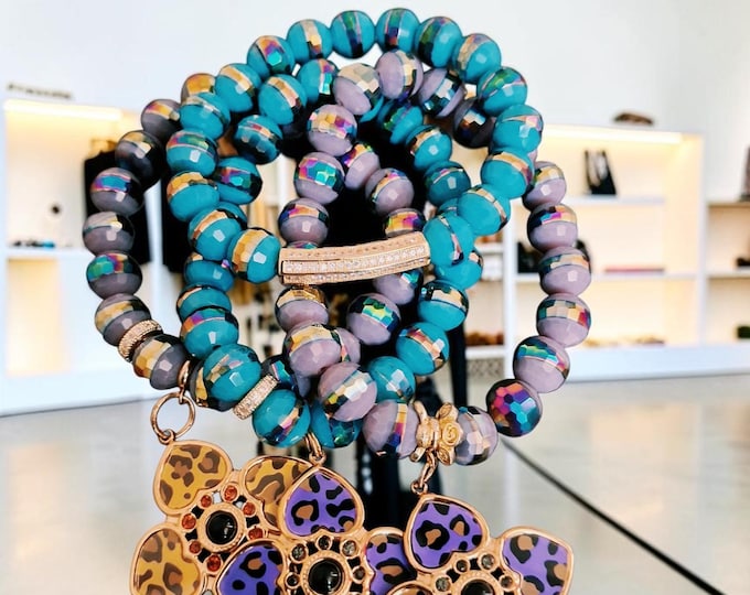Purple Blue Gemstone Leopard Flower Charm Bracelet Stack Set (Fits 7.5" Wrist)