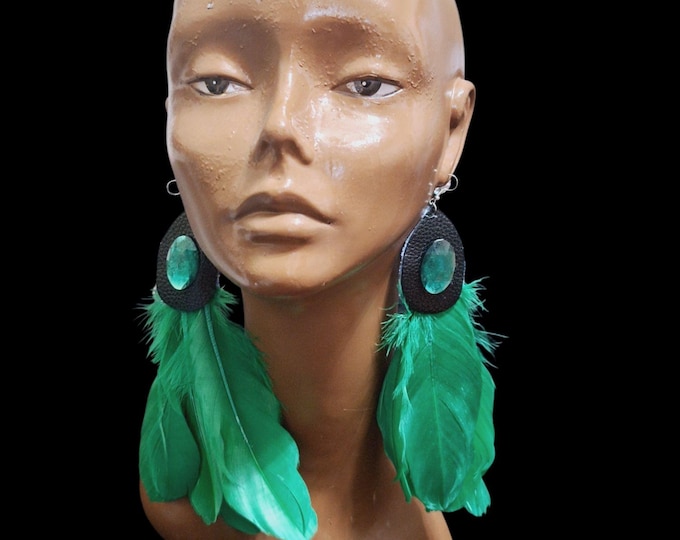 Feather Earrings, Green Dangle Feather Earrings,  Feather Statement Earrings set w/matching bangles included.