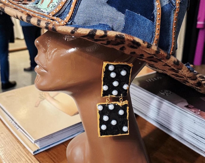 Handmade Polka Dot Statement Earrings:  Pearl and black dangle Earrings.