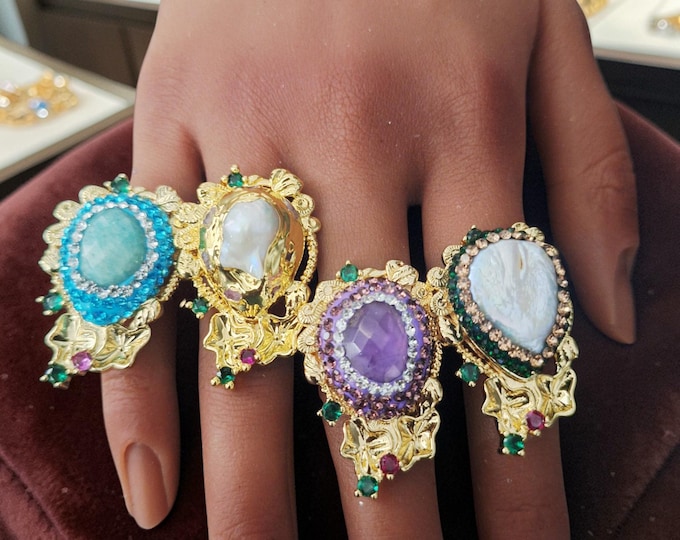 Gemstone Luxury Gold  Plated Adjustable Ring