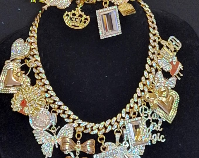 Gold Junk Charm Necklace and Bracelet Set: Statement Jewelry