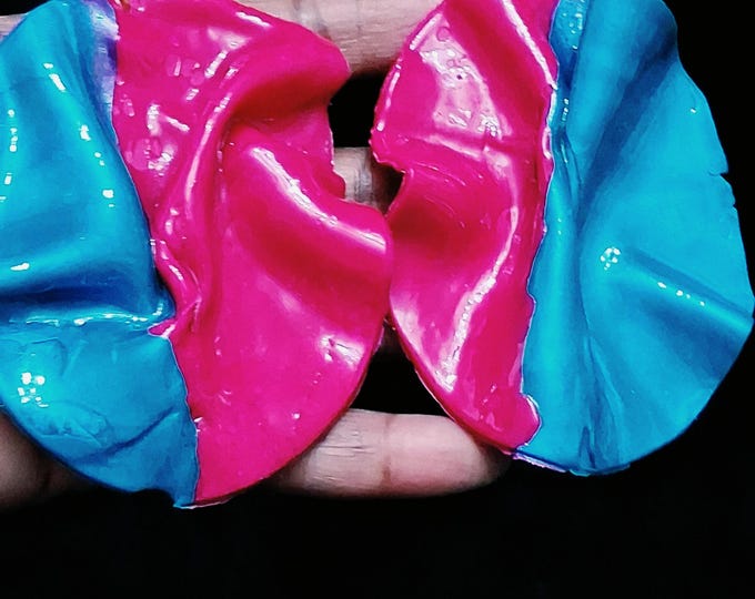 Two Toned Magenta & Teal Clay Resin Coated Geometric Polymer Clay Statement Earrings, Gold Post Backs