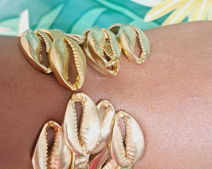 African Brass Cowrie Shell Bangle, Statement Jewelry, Brass Cowrie Cuff, Adjustable Cowrie Cuff, Cuff Bracelet, Afrocentric Jewelry