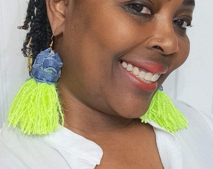 Denim & Neon Yellow Tassel Earrings,  Yarn Tassel Earrings, Statement Tassel Earrings, Statement Earrings, distressed denim earrings