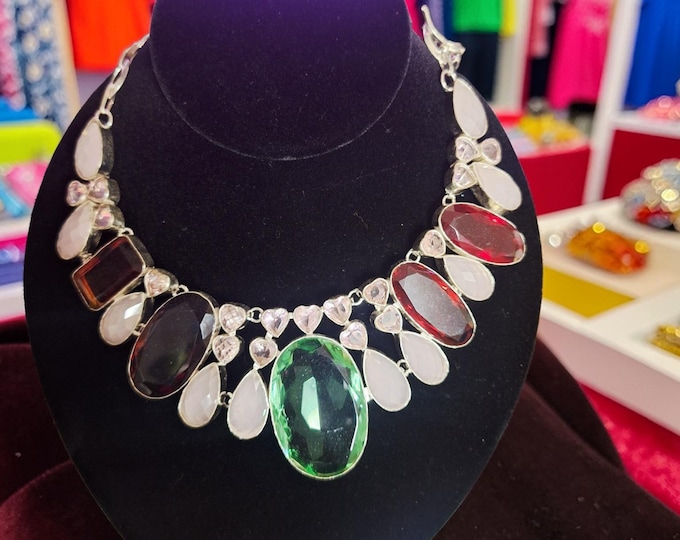 Gemstone Cluster Silver Toggle Clasp Necklace