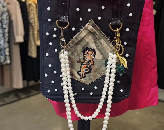 Upcycled Betty Boop Denim Tote Handbag: Camo Patchwork, Pearls, Distressed Bag