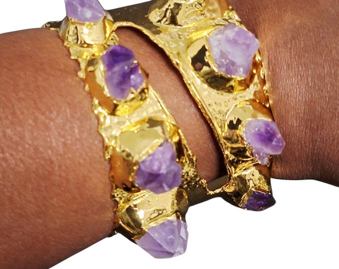 Chunky Amethyst Gemstone Statement Bangle, Gold Cuff bracelet
