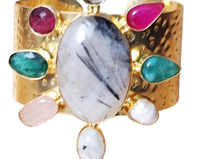 Chunky Mixed Gemstone Statement Bangle, Gold Wire Cuff Bracelet, Turkish Design