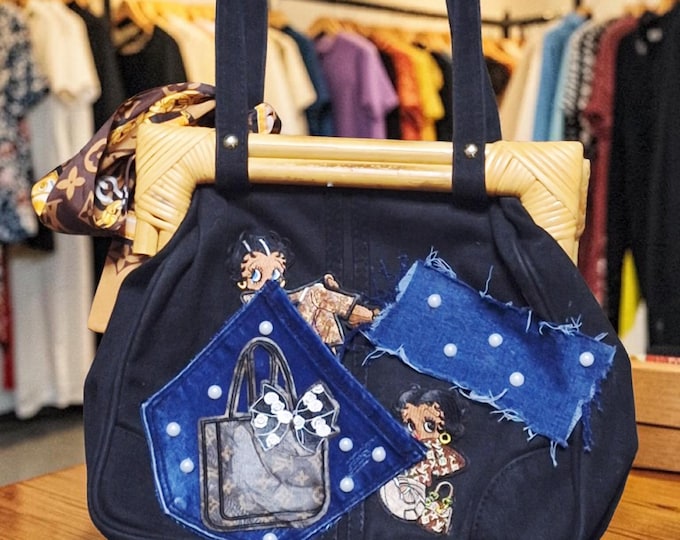 Denim Patchwork shoulder handbag: Upcycled Distressed handbag.