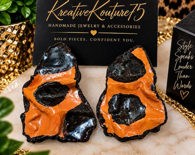 Handmade Polymer Clay Geometric Earrings, Brown Caramel Polka Dot Statement Jewelry