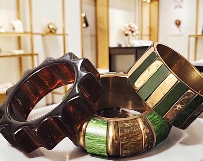 Chunky Vintage Bamboo and Brass Bangle Set: Bohemian Wood Statement Bracelets (Set of 3)
