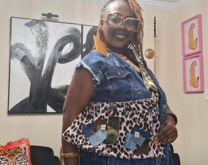 Denim leopard crossbody handbag, Leopard crossbody handbag with adjustable camo handbag strap.