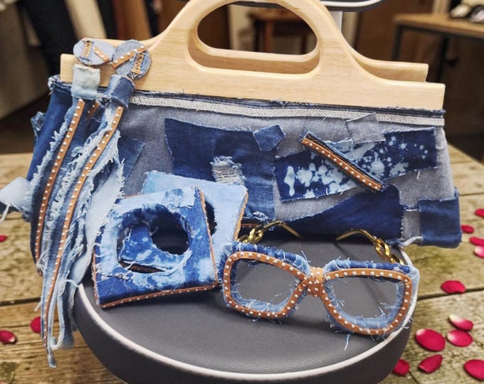 Denim and Wood Clutch Bag Set: Upcycled distressed denim handbag, glasses, Bangle set e/matching earrings.