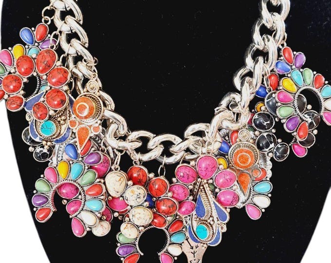 Silver Plated Charm Necklace, Western Charm Statement Necklace.