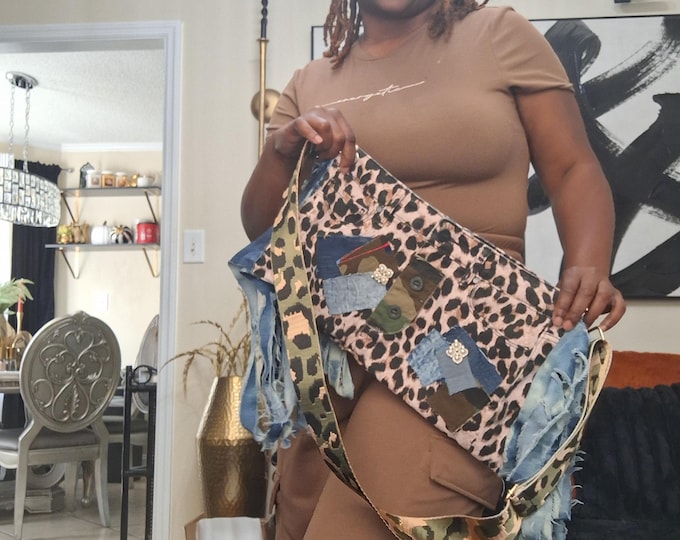 Denim Leopard Crossbody Bag: Upcycled Camo Strap Handbag