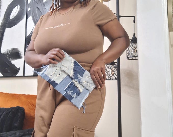 Handmade Upcycled Bleached Denim Clutch Bag with Earrings