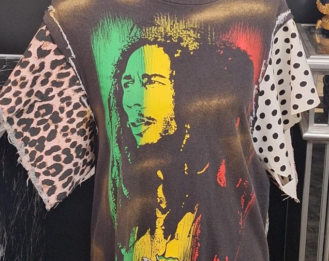 Upcycled Bob Marley Tshirt set with matching necklace, Beaded Bracelets and earrings.