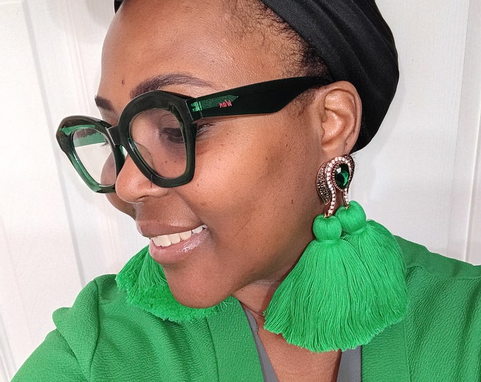 Green Luxury Tassel Earrings, Soft Luxury Tassel Earrings, Bold and Unique Statement Earrings