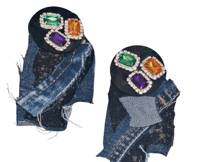 Denim and black mirrored Glass Gemstone Earrings, Light Weight Statement Earrings, Edgy Earrings