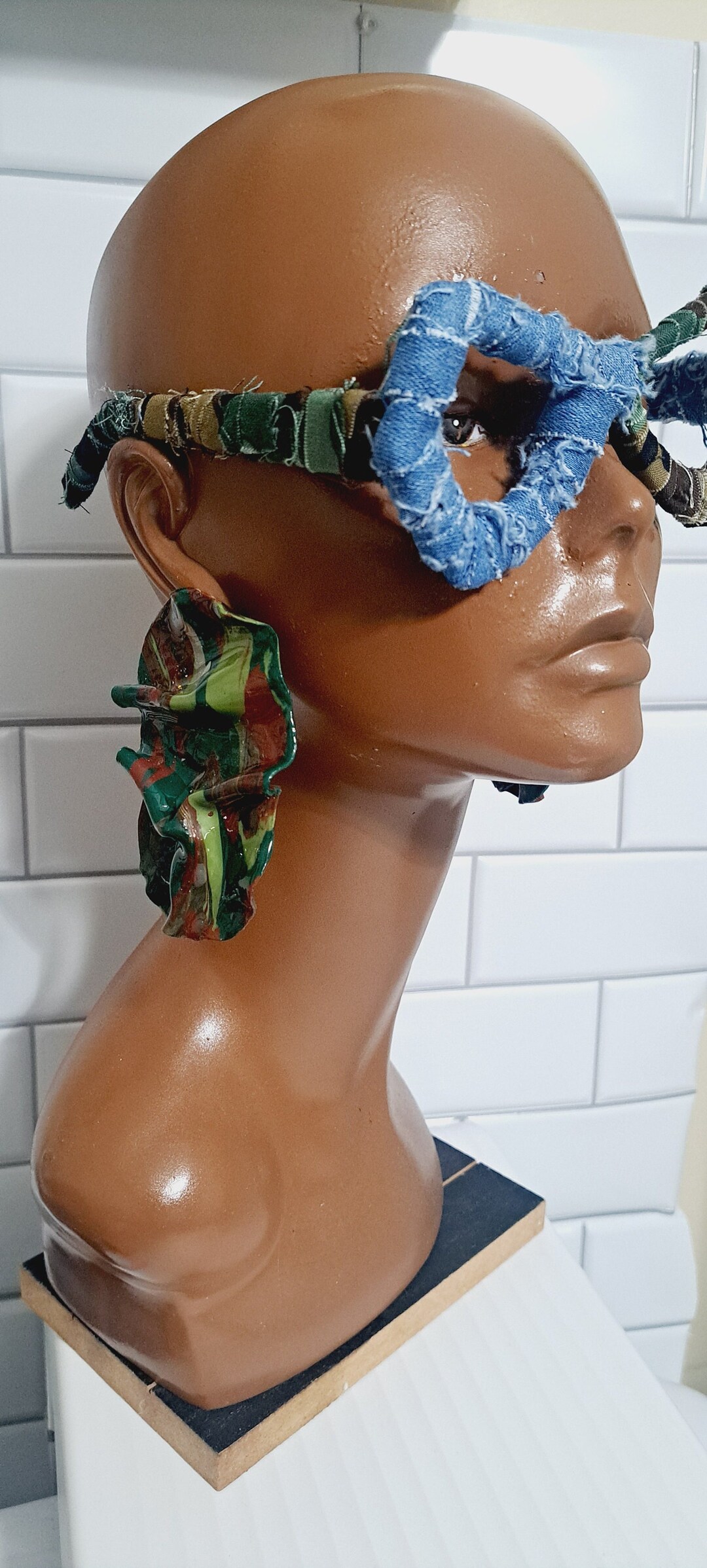 Denim and Camo Fabric Oversized Square Frameless Eyeglasses, Denim