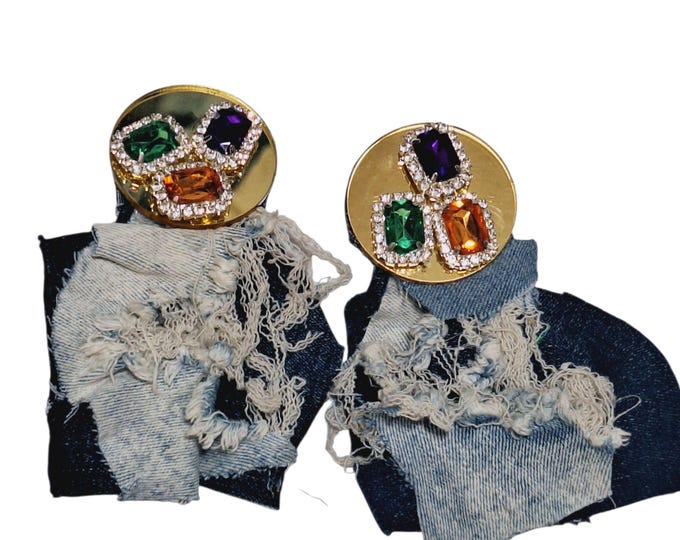 Denim and Gold mirrored Glass Gemstone Earrings, Light Weight Statement Earrings, Edgy Earrings