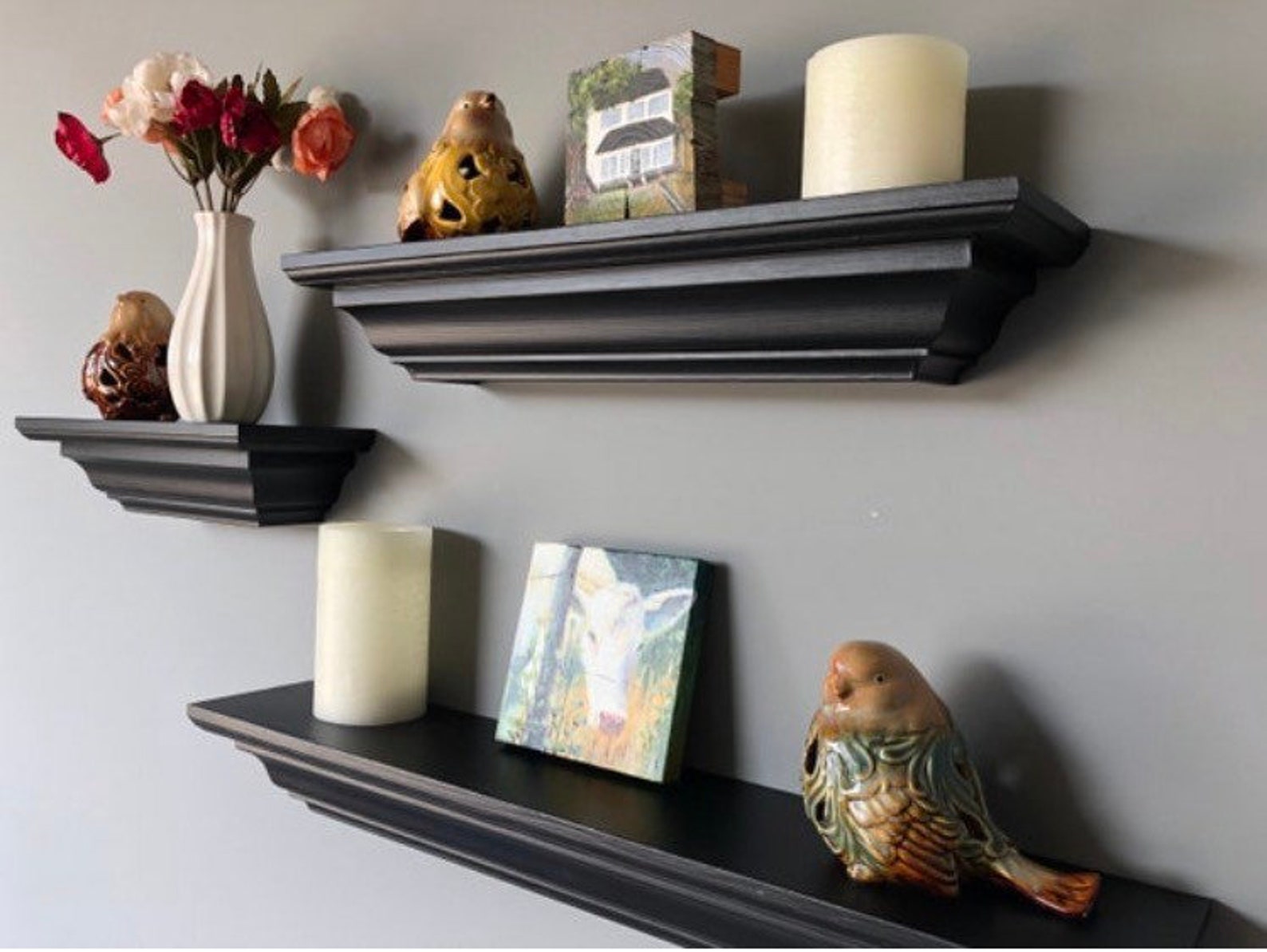 Black Floating Shelf Black Crown Molding Shelves Floating Etsy