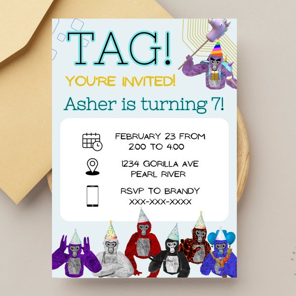 Gorilla Tag Party. Invitation. VR. Birthday. Digital Invitation. Printable. Editable. Canva.