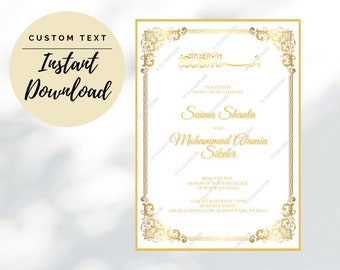 May include: A white wedding invitation with a gold ornate border. The invitation features the text "Together with their families Saima Shanta and Mohammad Alamin Sikder Request the honor of your presence at their wedding June 11, 2023 at 7:00 PM Queens Palace 401-06 Dickens St. Corona, NY 11368"