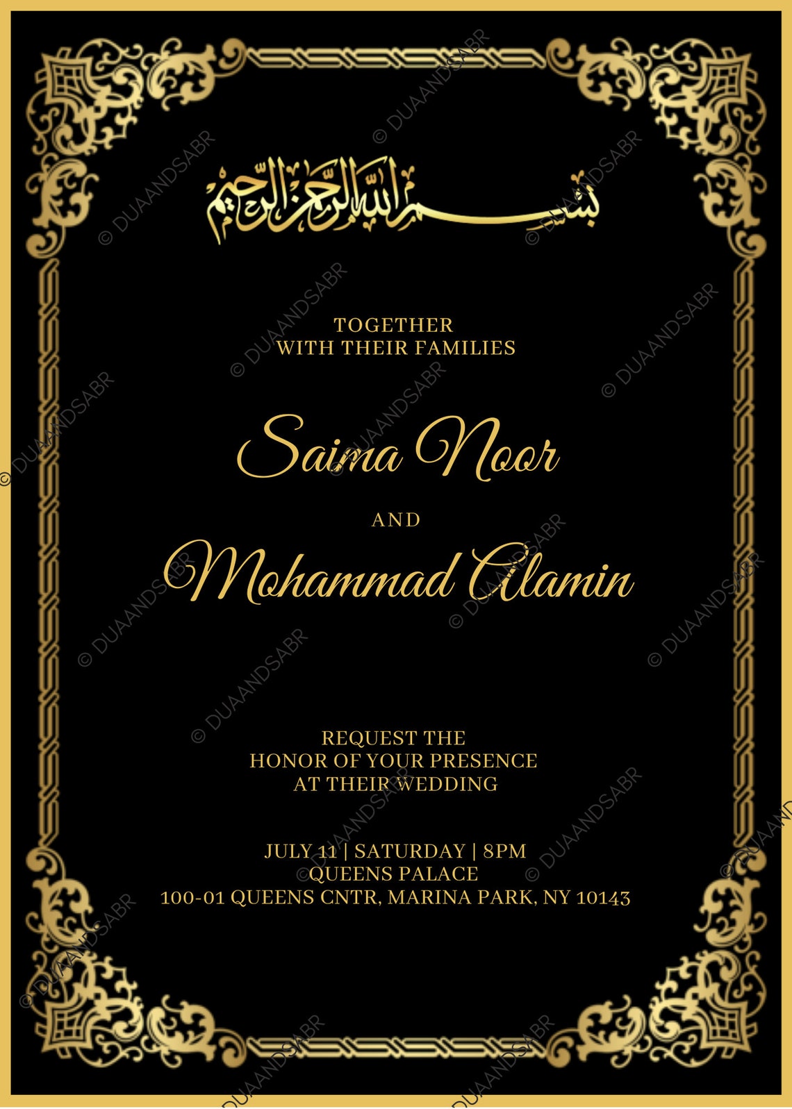 Black and Gold Muslim Wedding Invitation Card Nikah Walimah Etsy