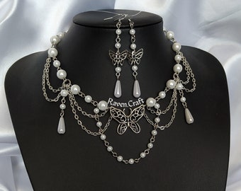 Butterfly Pearl Necklace and Earrings Set, Fairycore Jewelry