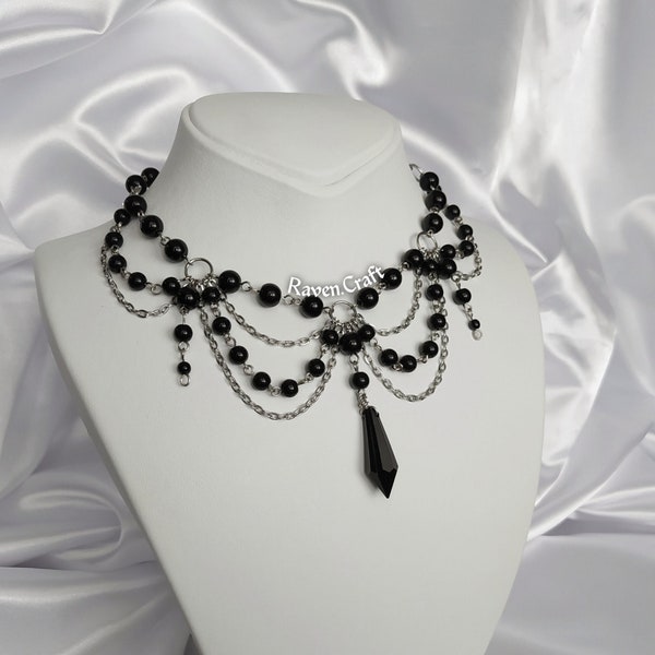 Collier gothique de perles noires, bijoux de sorcellerie, tour de cou en couches unique.