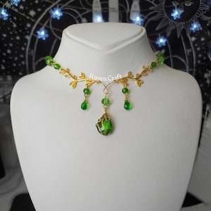Green Crystal Beaded Elven Necklace: Gold Leaf Fairycore Choker