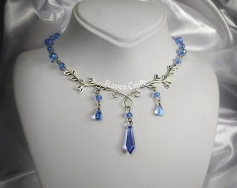 Blue elven necklace, stainless steel floral jewelry, shiny crystal choker, teardrop beaded necklace, fairycore handmade gift.