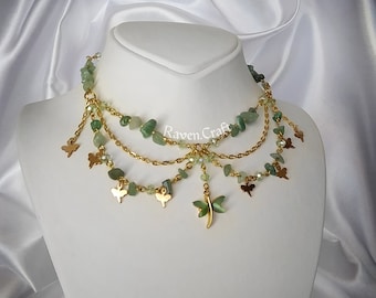 Cottagecore Green Aventurine Dragonfly Necklace, Gold Charm & Pendant, Fairycore Crystal Jewelry, Boho-Hippie Style Choker, Handmade Gift.
