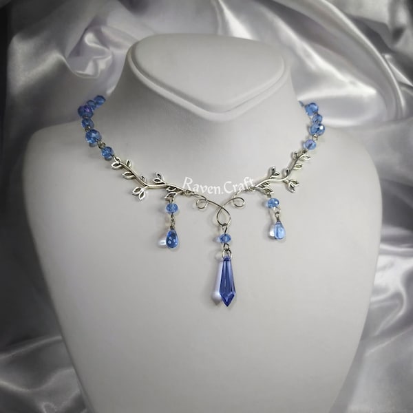 Blue elven necklace, stainless steel floral jewelry, shiny crystal choker, teardrop beaded necklace, fairycore handmade gift.