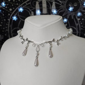 Pearl elven necklace, stainless steel floral jewelry, Bridal princess choker, fairy aesthetic handmade gift. Dreamy angelcore necklace.